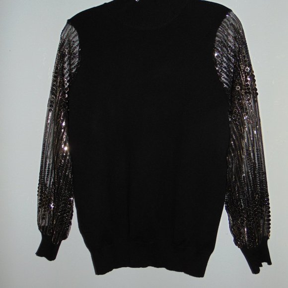 Catherine Malandrino Black Pullover Knit Sweater Blouse Sequin Sheer Sleeves M - Picture 2 of 7